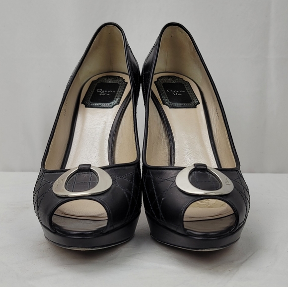 Dior O DE Black Channage Leather Platform Pep Toe Stiletto Heels Pumps 36.5 - Picture 4 of 9